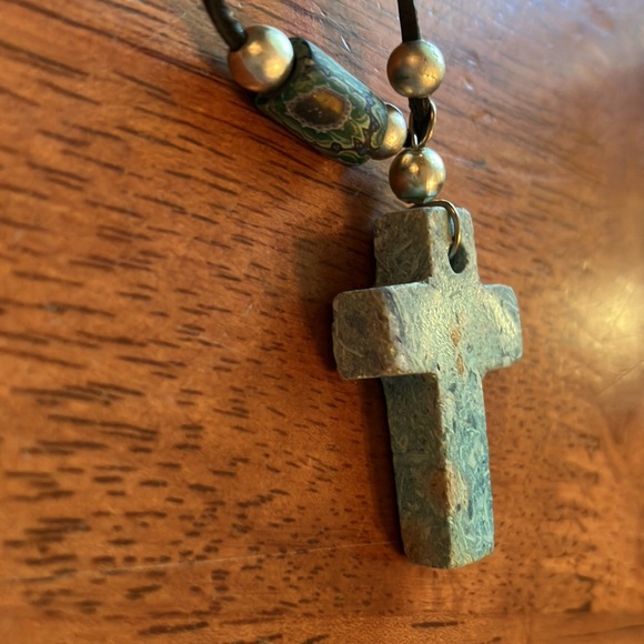 Beautiful boho style necklace with chunky blue stone cross on a leather cord. - Picture 15 of 16